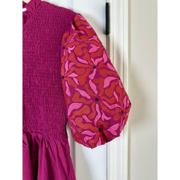 Entro Anthropologie Embroidered Bubble Sleeve Smocked Minidress size Large - Picture 4 of 7